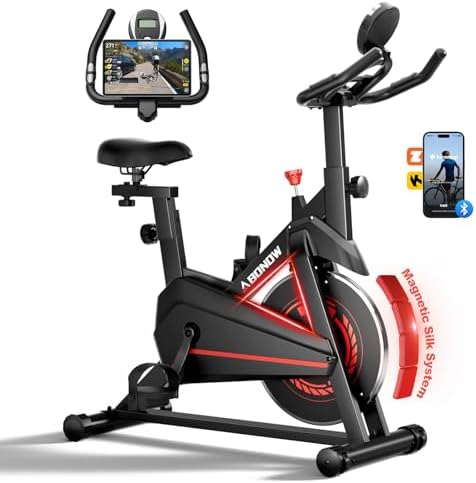 Exercise Bike, Low Noise Stationary Bikes for Home, Adjustable Brake Pad Indoor Cycling Bike, 300lbs Capacity Compact Workout Bike with Tablet Mount & Comfortable Padded Seat