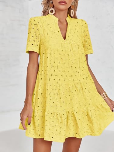 Image of Imily Bela Womens Summer Lace Dresses Eyelet Casual Flowy Babydoll Swing Short Sleeve V Neck Tunic Dress