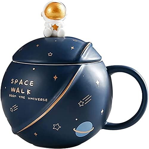 Webao Keramik Wasser Tee Tasse mit Löffel und Deckel Porzellantasse Milch Kaffeetasse für Home Office 400ml, Dunkelblau