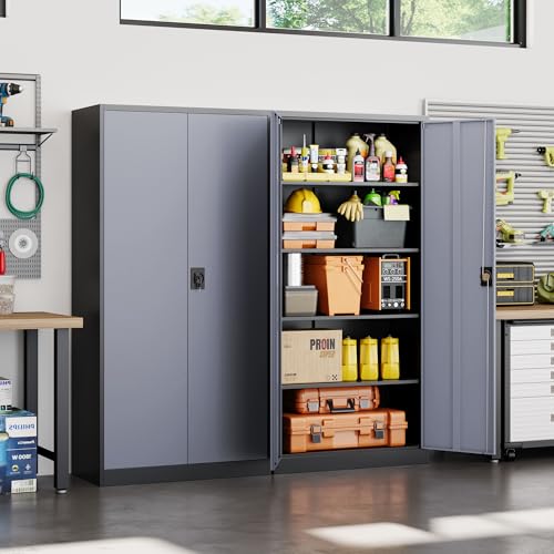 Image of Yizosh Metal Garage Storage Cabinet with Lock, 72 inch Locking Tool Cabinets with 2 Doors and 4 Shelves, Heavy Duty File Cabinet for Office, School (Gray Black)