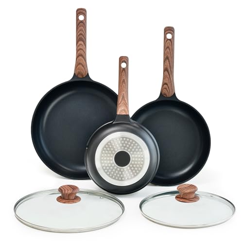 MOJIRE Juego de sartenes antiadherentes con tapas, 3 piezas de 8 pulgadas, 10 pulgadas, 11 pulgadas, sartén antiadherente con tapas de 2 piezas, utensilios de cocina planos PFOA, compatibles con
