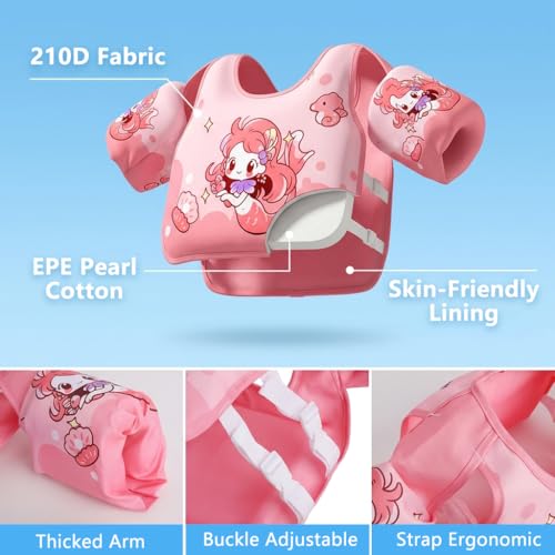 Image of Proberos Kids Swim Float Vest Non-Inflatable Swim Buoyancy with Arm Floats Adjustable Toddler Swim Aid Foam Inserts Buoyancy, Cartoon Swimming Training Polyester Jacket for Pool Water Learning