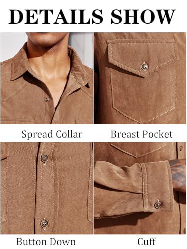Runcati Mens Long Sleeve Suede Shirts Button Down Shacket Casual Work Western Regular Fit Shirt Jacket 5