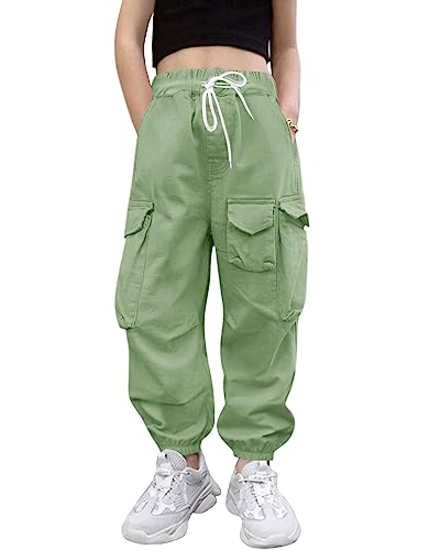 rrhss Girls Cargo Jogger Pants High Waisted Flap Pockets Loose Trousers Casual Pants for Kids Green