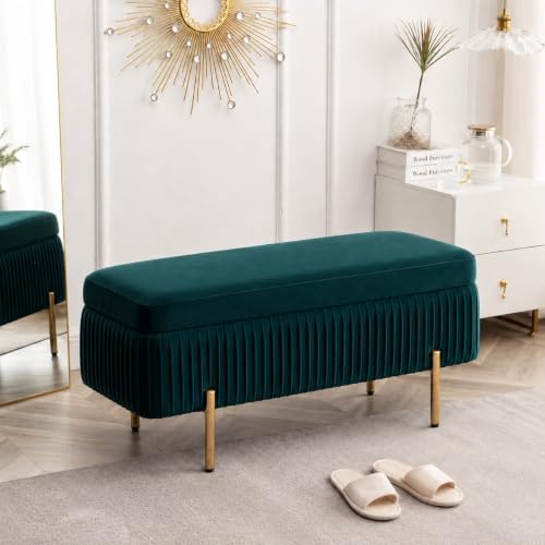 Image of LEGACY OF COMFORT Miajah Velvet Upholstered Flip Top Storage Bench 2 Seater Sofa Upholstered Ottoman Bench with Storage for Living Room, Bedroom (Dark Teal)