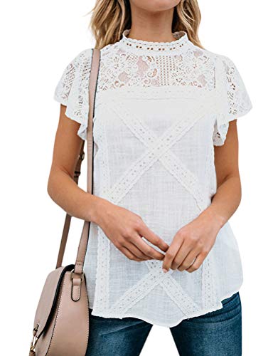 Zxzy Women Cute Lace Blouse Top Short Sleeve Lace Hollow Out Turtle Neck T Shirt White #TOP2