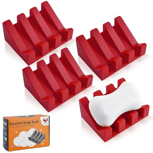 Coipdfty Self Draining Soap Dish Holder,Silicone Soap Dish,for Bathroom,Kitchen, Sponges，Can Extend Soap Life，Keep Soap Bars Dry and Easy Cleaning (Red,4-Pack)