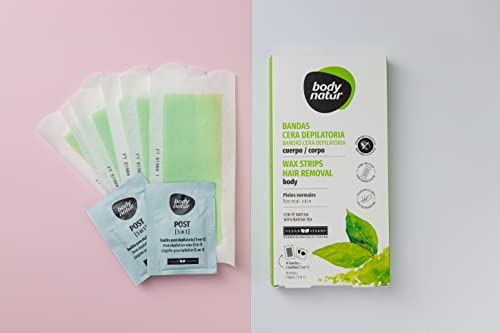 BODYNATUR-Bandas-Cera-Depilatoria-Cuerpo-Pieles-Normales-Depilacion-Mujer-Enriquecidas-con-Te-Matcha-16-Bandas-y-2-Toallitas