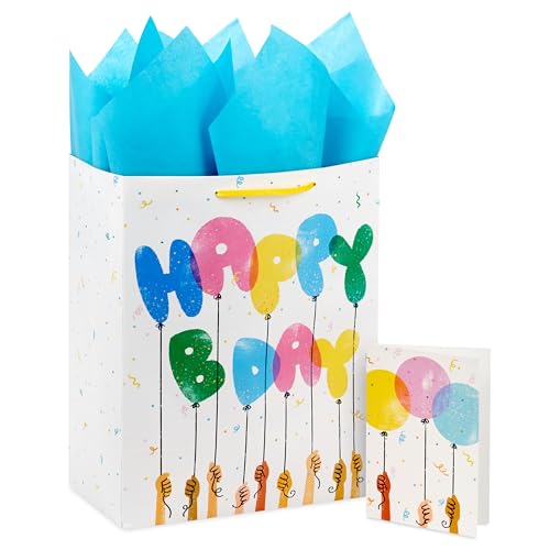 Hallmark 13 Large Gift Bag with Tissue Paper and Card (Happy Bday Balloons) for Kids Grandchildren Friend Coworkers