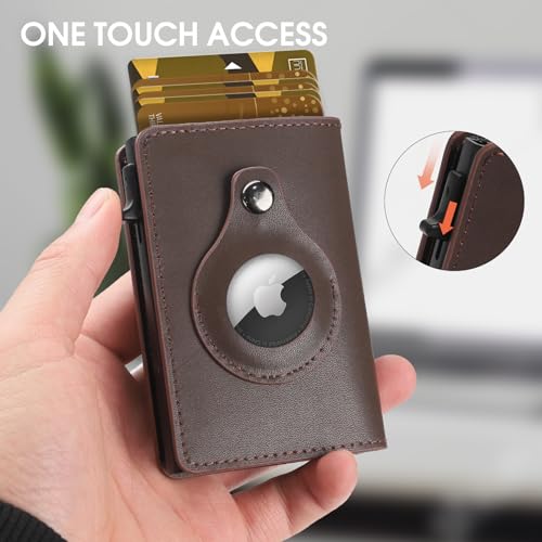 Mens Smart Wallet Card Holder for AirTag - Leather, Mens Minimalist Wallet with Apple Air Tag Holder, Slim Smart Pop up Card Case, ID Window, RFID Blocking (No Airtag Included) (Dark Brown)2
