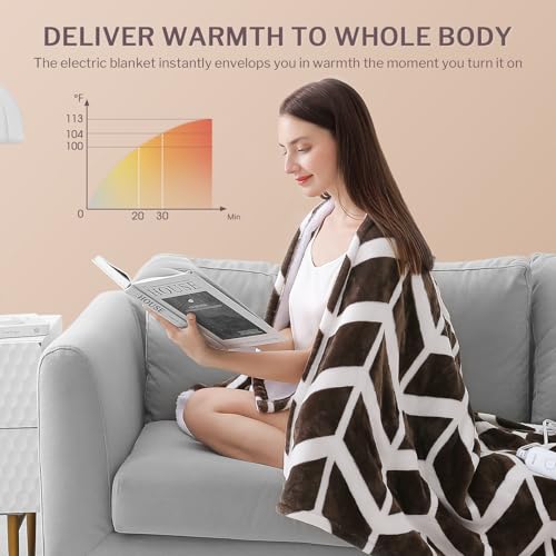 VENTIMI Electric Blanket Heated Throw, 50" x 60" Heated Blanket with 4 Heat Levels & 3 Hours Auto Off, Fast Heating Blanket with ETL & FCC Certification, Coffee