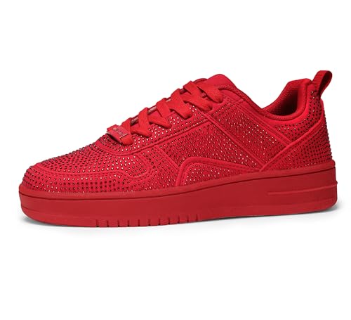 LUCKY STEP Zapatillas de Moda Mujer Tenis Blancos Bajos Cuero Pedrería Brillante Cómodas Caminar (Rojo con pedrería, 11US-42EU-9UK)