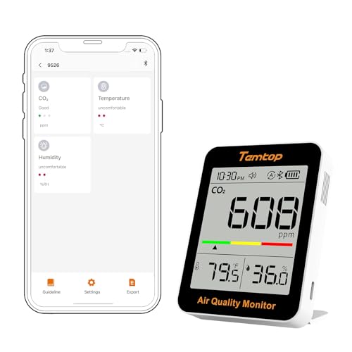 Temtop C1+ CO2 Messgerät Mit APP,Bluetooth Thermometer Hygrometer Mit CO2 Messung,Temperatur- Und Feuchtigkeitssensor Smarte Monitor Für Innenräume...