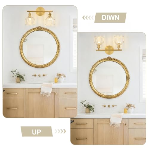 Image of Gold Bathroom Light Fixtures Over Mirror, 2 Light Bathroom Vanity Light with Tulip Transparent Glass Lampshade, Vintage Vanity Lights for Bathroom, Bathroom Vanity Lights Over Mirror