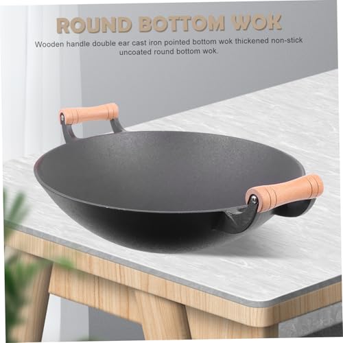 Wok de hierro fundido grueso con mango de madera antiadherente miniatura 5