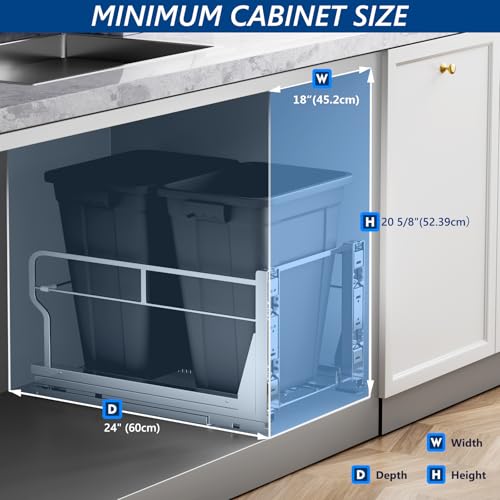 Image of Insputer Double 40QT Pull Out Trash Can Under Cabinet, Heavy Duty Under Sink Garbage Bin Kit with Soft-Close Slides for Kitchen, Laundry, Requires Minimum Cabinets Opening 18 inch W X 24 inch D