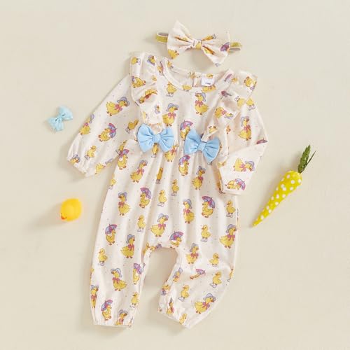 Newborn Baby Girl Easter Outfit Bunny Duck Print Romper Ruffle Long Sleeve Jumpsuit with Headband Cute Clothes2
