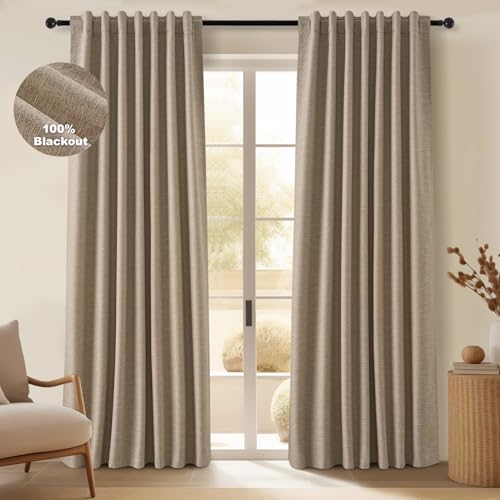 Topfinel Taupe Burlap Linen Blackout Curtains & Drapes 84 Inch Length 2 Panels Set, Flax Linen Brown Tan Beige Room Darkening Soundproof Cabin Curtains with Hooks Rings for Bedroom Living Room