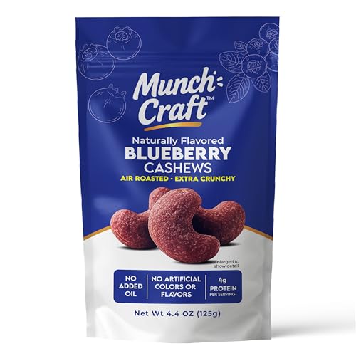 Image of Munch Craft Gourmet Blueberry Cashews - Perfectly Balanced Flavor (Tangy Berry & Buttery) - Extra Crunchy Air-Roasted Nuts, Oil-Free - No Artificial Colors or Flavors - 4.4 oz (125g) Resealable Bag