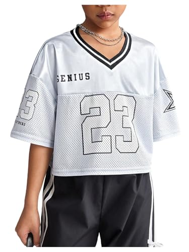 Floerns Girl's Number Jersey Shirts V Neck Oversized Half Sleeve Y2k Crop Tee Tops