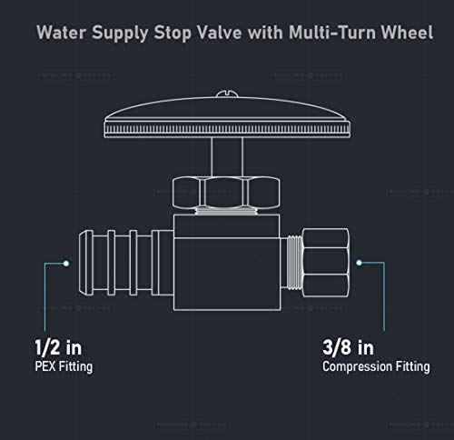 Image of Midline Valve 72512QS-OM-5 Water Supply Stop Valve with Multi-Turn Wheel; Straight Shut-off for Toilet, Sink, Dishwasher, Heater; 1 /2'' PEX B x 3 /8'' Compression; Chrome Plated Brass (5 PK)
