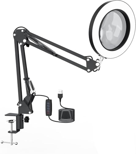 FAOKZE 2 en 1 Lupa con Luz y Soporte, Lampara con Lupa de Vidrio Real 10X, 3 Modos de Color, 10 Regulables Sin Escala,Lámpara de Escritorio para Lectura, Reparación, Trabajo Manual.(Negro)