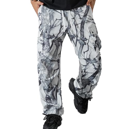 Camouflage Cargo Pants, Drawstring Waist, Forest Leaf Pattern, Casual Outdoor Wear