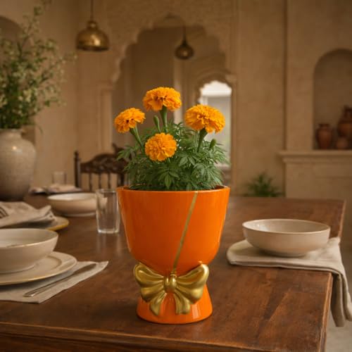 Image of Xtore Ceramic Bow Planter Figurine | Gloss Finish | Decorative Flower Pot for Home & Balcony - (Pack of 1, Orange, Planter ONLY)