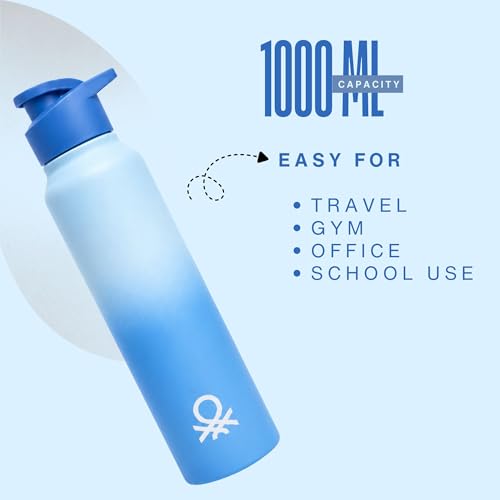 Image of United Colors of Benetton 1L (1000ML) Stainless Steel Water Bottle, Single Wall, Lightweight, Durable, Leak-Proof Cap, BPA-Free, Rust Resistant, Easy to Clean, Travel /Gym /Office /School Use