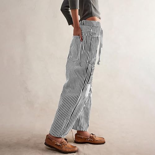Franhais Womens Y2k Striped Barrel Jeans High Waist Wide Leg Drawsrting Denim Pants Casual Vintage Patchwork Boyfriend Jenas3