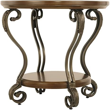 Signature Design by Ashley Nestor Traditional Hand-Finished Round End Table with 1 Fixed Shelf, Dark Brown