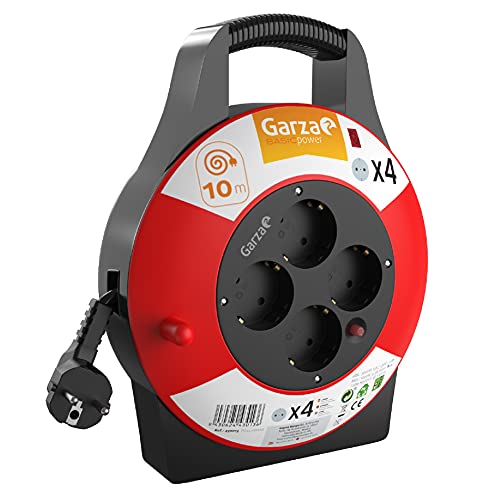 Garza - Enrollacables Domstico de 10 metros con asa , 4 tomas Schuko