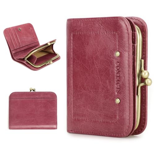 CONTACTS Full Grain Leather Kiss Lock Wallet for Women Kiss Clasp Coin Purse Vintage Bifold Card Holder Cute Small RFID Wallet (Pink)