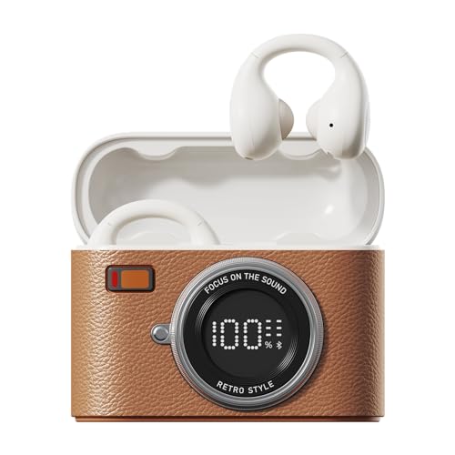 Open Ear Clip Headphones, Wireless Earbuds Bluetooth 5.4 Sport Clip-on Earphones with 4HD Mics, 65H Playtime & LED Display, True Wireless Bluetooth Ear Buds Compatible with Android iOS/Samsung-Brown