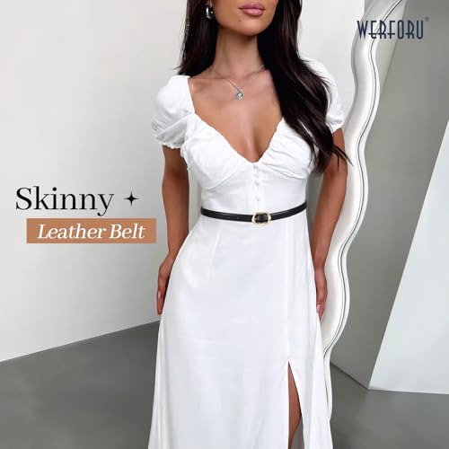 WERFORU Women Skinny Leather Belt with Unique Gold Buckle Ladies Casual Thin Belt for Jeans Dresses,0.7" width2