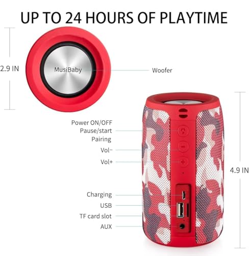 Image of Musibaby M68 Compact Outdoor Speaker, IPX5, Camo Red | Portable, small and compact with USB playback, AUX input, FM radio, TF card playback, up to 24H and dual pairing.