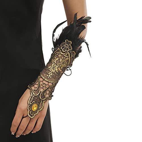 Cosplay Gold Handschuh mit Feder Stickerei Spitze Handschuh und Verstellbarer Ring mit langem Armband Frauen Hochzeit Zubehör, gold, One size Cover