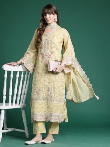 Image of INDO ERA Women Organza Straight Ethnic Motifs Embroidered Kurta And Pant With Dupatta Set (KH9YL10613)