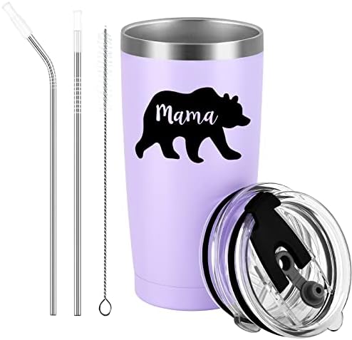 GINGPROUS Mama Bear Travel Tumbler, Mother's Day Birthday Christmas Gifts for Best Mom Mother New Mom Mom to Be Mama, Stainless Steel Insulated Travel Tumbler with 2 Lids and Straws(20 Oz, Purple)