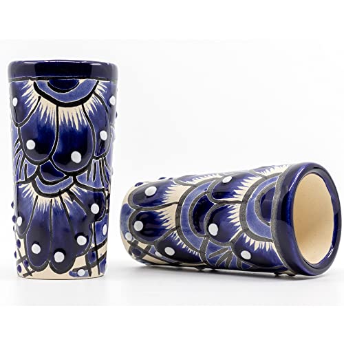 Casa Fiesta Designs Mexican Shot Glasses, Hand-painted Ceramic Tequila Shot Glass Made in Mexico - Great for Tequila, Mezcal and Sangrita, 2 oz set of 2 - Blue and White - Tequilero Azul y Blanco