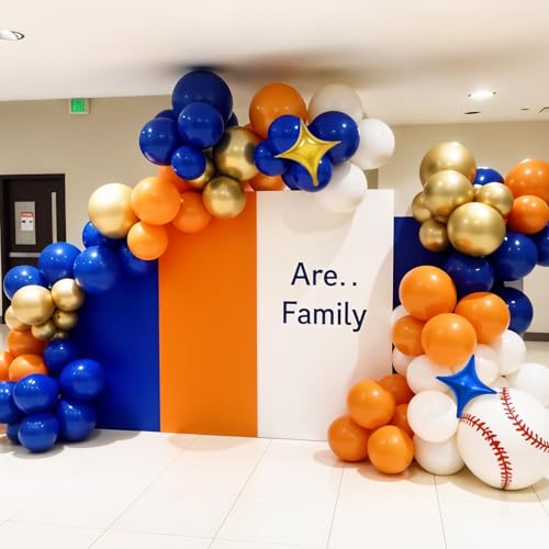 Image of Blue and Orange Balloon Arch, Royal Blue White Balloon Garland Party Decor | Metallic Gold Balloons with Star Foil Balloon for Birthday Graduation Baby Shower Baseball Wedding Party Decorations