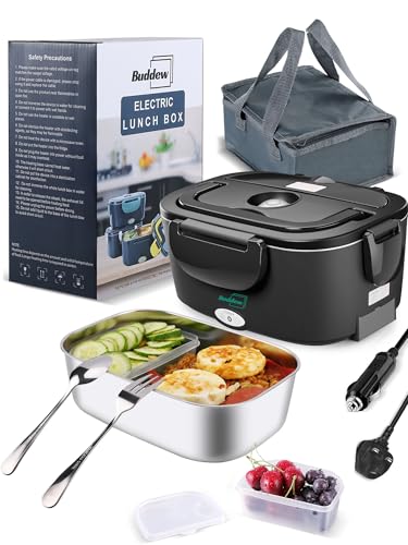 Buddew Heated Lunch Box 80W Electric Lunch Box for Adults, 12/24/110-230V Portable 1.5L Food Warmer for Travel & Work Stainless Steel Electric Lunchbox (Black)