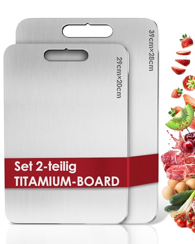 Titan Schneidebrett Set 2-teilig – BPA-frei S316 Edelstahl mit Titanium-Beschichtung, doppelseitig verwendbar für Fleisch, Brot, Gemüse und Obst