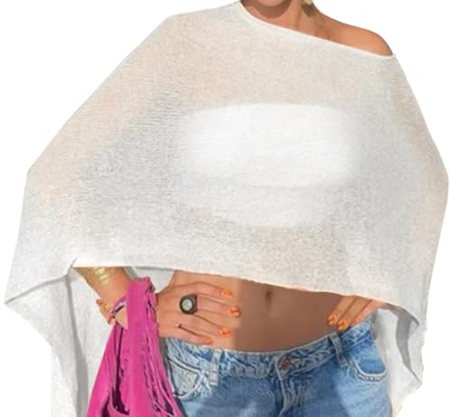 Vicarly Off The Shoulder Sheer Crochet Vacation Outfits Poncho Sweater Top Summer Beach Cover Up Women See Though Thru Festival Shawls Bolero Shrug Rave Resort Going Out Wear Swimsuit White Medium