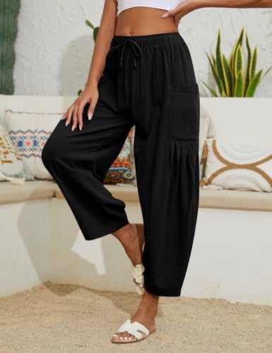 Women Linen Pants Wide Leg Boho Pants Loose Lightweigt Beach Palazzo Harem Pants with Pockets2