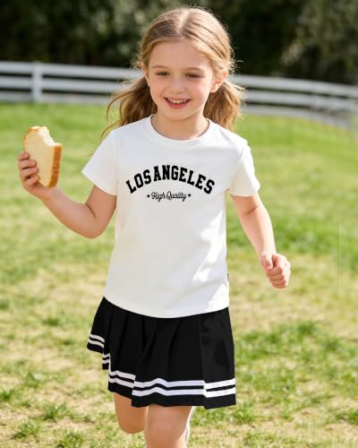 Image of Betusline Girls Skirt Set, Printed T-Shirt & Pleated Skirt, 4-14Y | Elastic waist pleated skirt with built-in shorts, anti-exposure design, pleats stay tidy after washes.