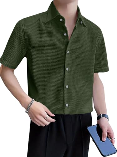 Image of GRECIILOOKS Shirt for Men | Mens Casual Shirt | Men Stylish Shirt | Men Waffle Shirt | Men's Regular Fit | Men Formal Shirt | Short Sleeve Shirt for Summer Outdoor Activities |Textured Shirts for Men