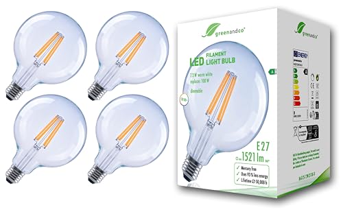 greenandco 4 lampadine a filamento LED | trasparenti | dimmerabile | E27 G125 | 7,2 W 1521 lm | sostituisce 100 W | 3000 K bianco caldo | 320° | 230 V | senza sfarfallio | Classe energetica A