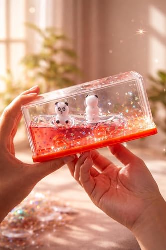 Image of Eminent Liquid Motion Toy with Panda and Snowman Figurines, Clear Acrylic with Glitter Stars, Red Base, Sensory Desk Toy (Red)