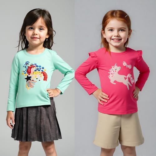 HH Family Girls Long Sleeve Shirts 2-Pack: Cute Graphic Tees for Toddlers and Kids2